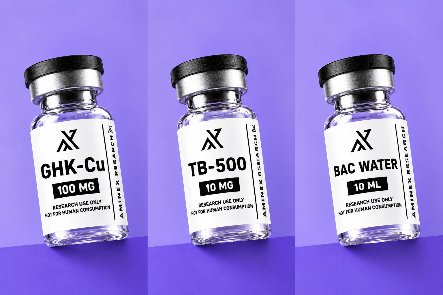 Aminex Research vials — BAC Water, GHK-Cu and BPC-157